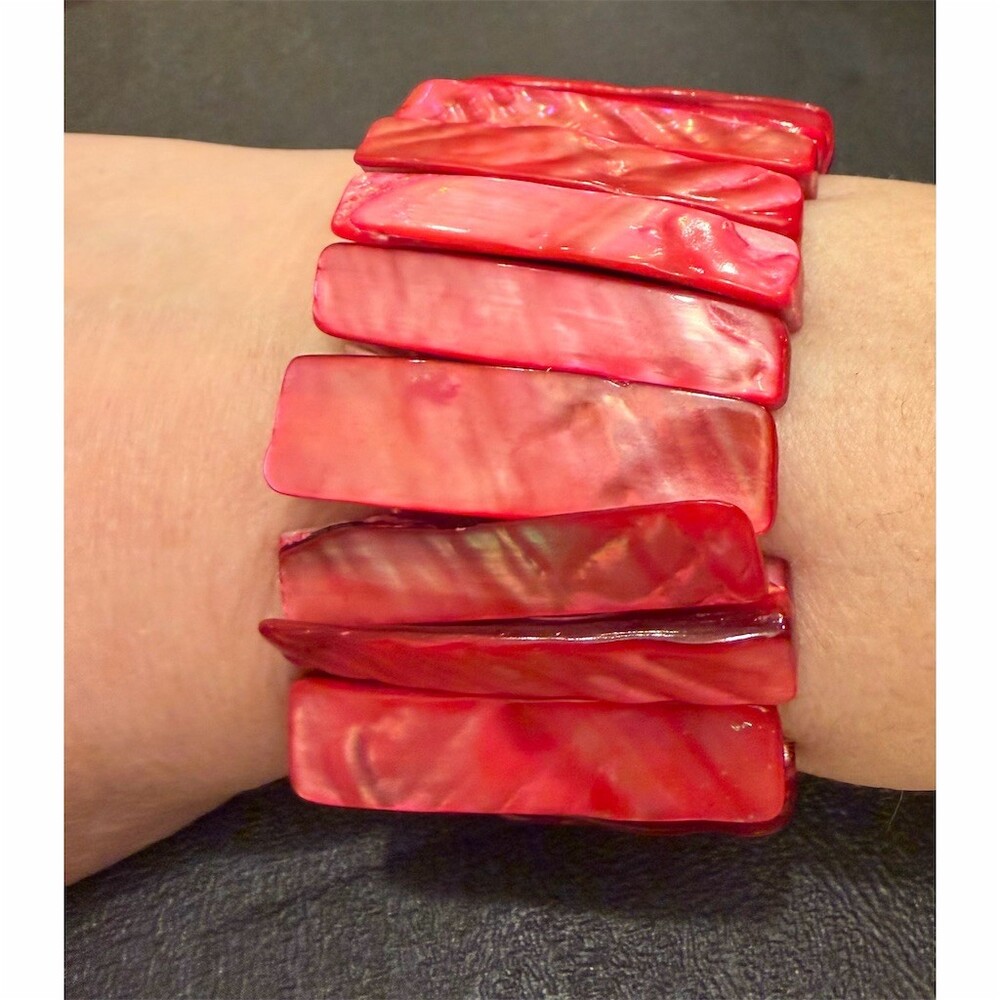 Pink Vintage Mother of Pearl Shell Stretch Bracelet Wide Statement Chunky